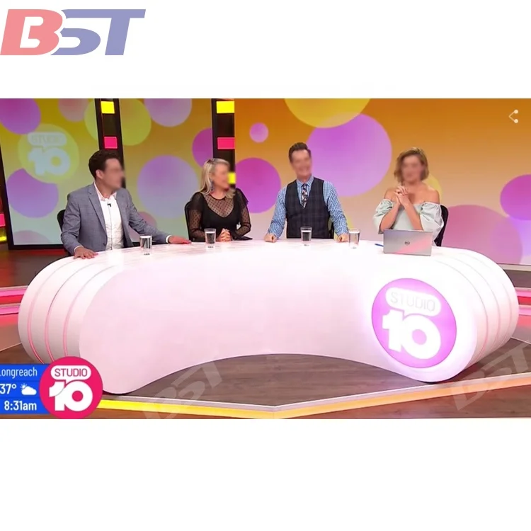 Customized White Arc Shape broadcast table of Radio TV Broadcasting Equipment  TV news desk