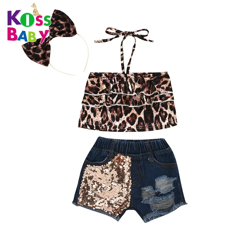 Wholesale Korean Style Kids Girls Clothes Leopard Strappy Shirts and Sequin Denim Shorts Set with Bowknot