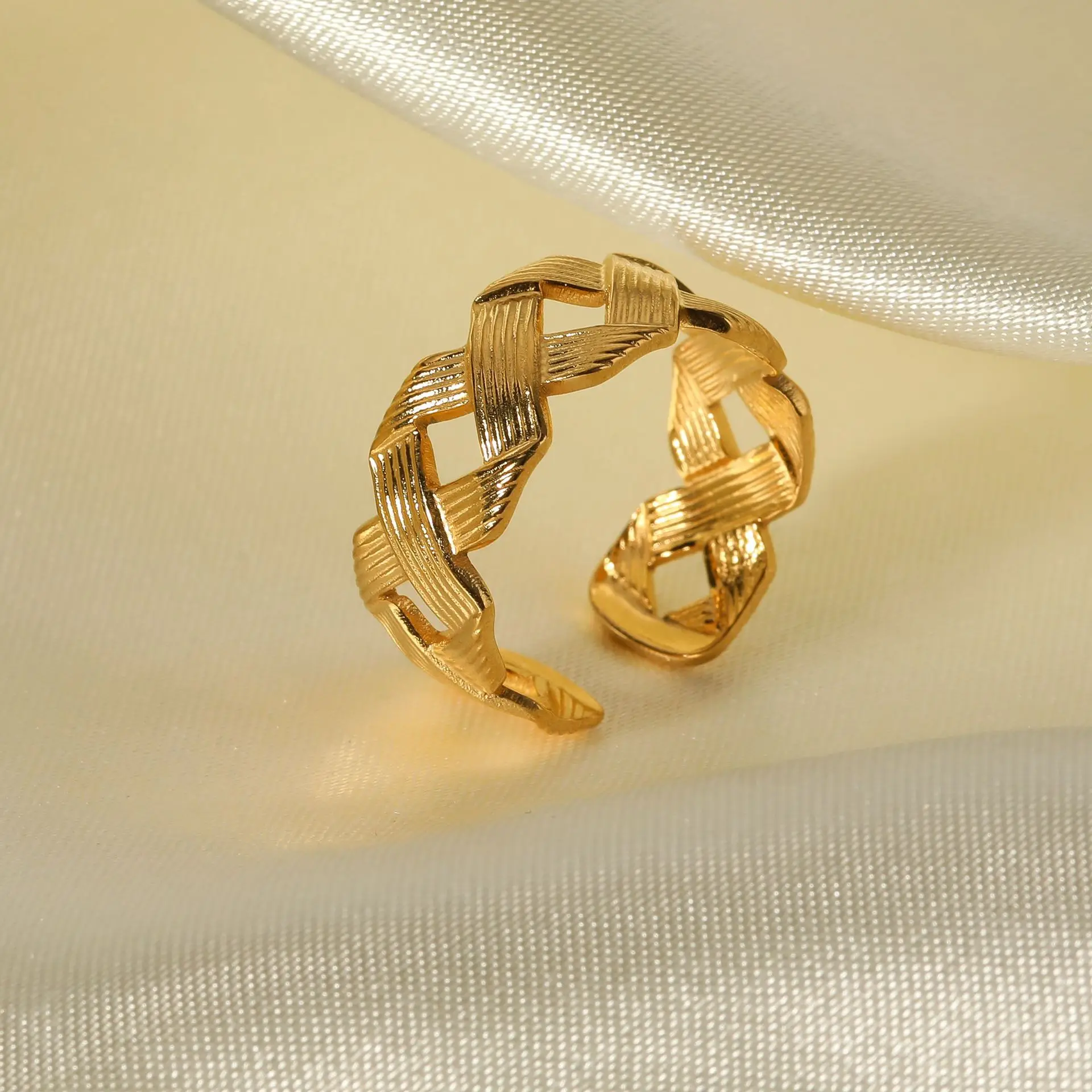 Trendy Geometric Braided Chain Cross Open Finger Ring Gold Plated Fashionable Stainless Steel Simple for Women