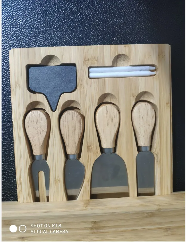 Cheese Board and Cutlery Set with  includes 2 slate labels and  chalk Bamboo Charcuterie Platter and Serving Tray for Wine