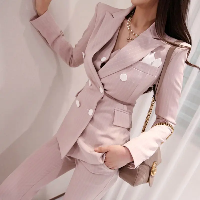 
2019 pink Suit plaid Blazer Trouser Sets formal office women jacket Pants Uniform Workwear Two piece Suit Women Business Suit 