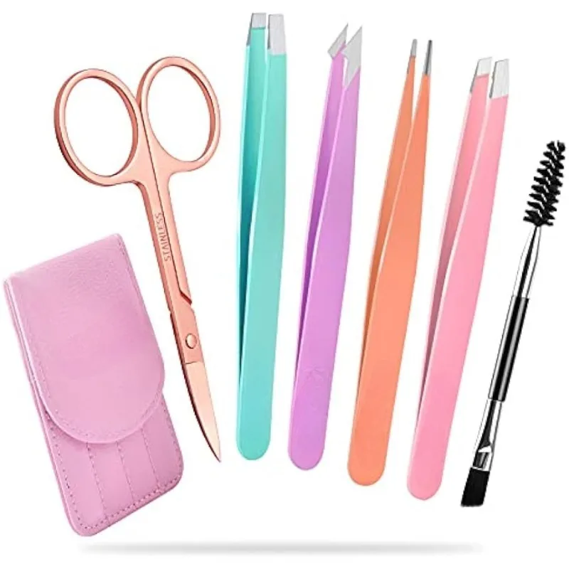 6 Pcs Pink Eyebrow Tweezers Set Precision Tweezers Set for Women Makeup Kit With Curved Scissors