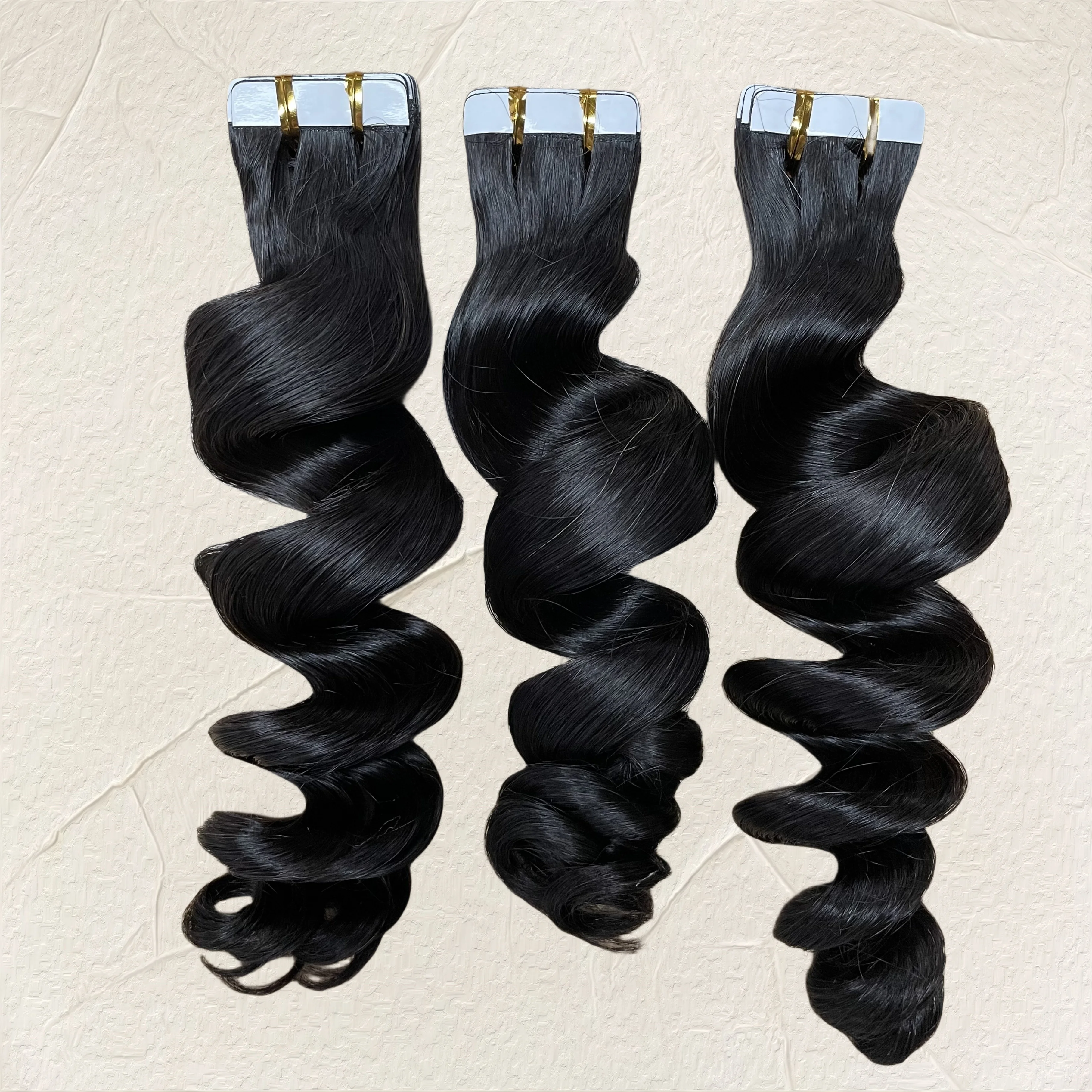 100% Real Human Hair Loose Wave Natural Black Color Tape Ins Hair Extensions