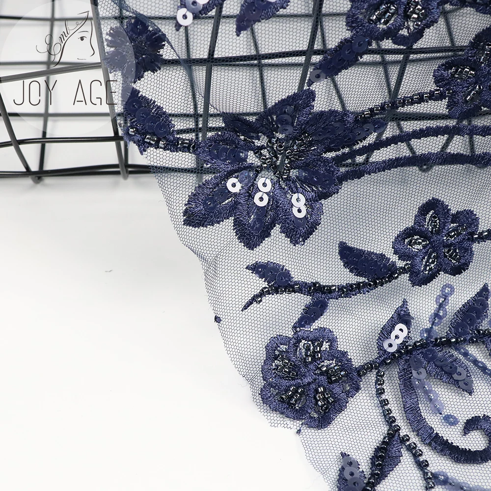Wholesale 2021 French Women Evening Dresses Blue Mesh Embroidery Flowers Tulle Heavy Beaded Lace Fabric With Sequence Sequin