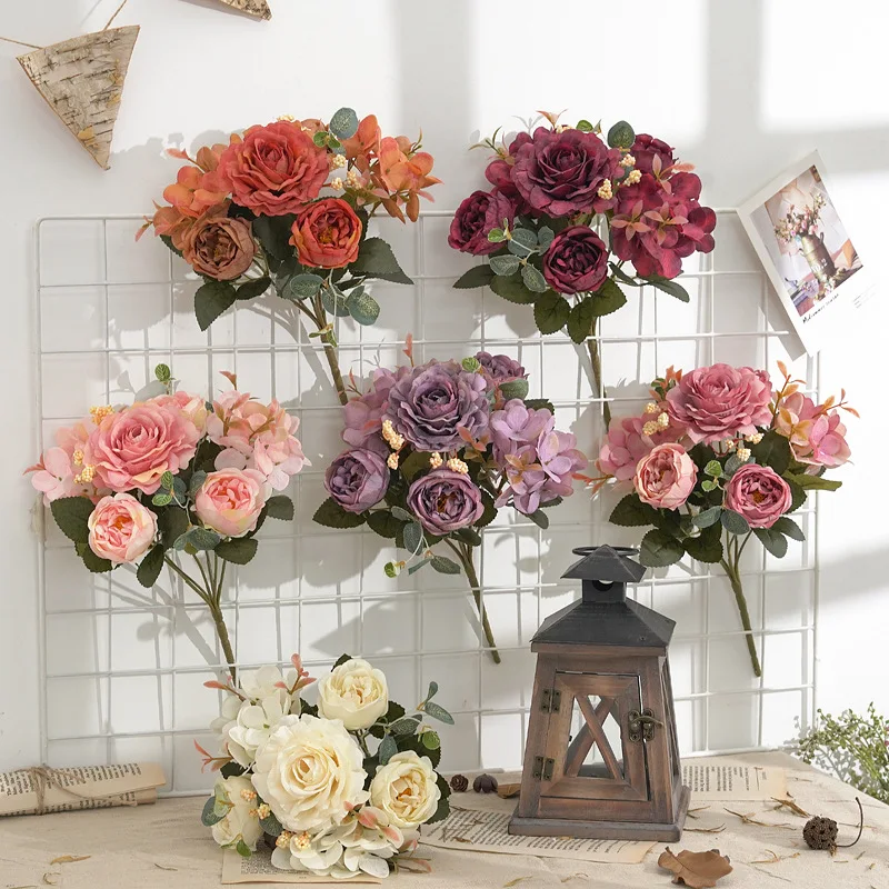 Cheap Wholesale bridal bundle Silk wedding flowers mini bridal bouquets home wedding decor rose pony flower bunch 6