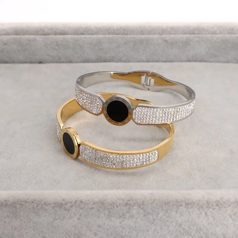 Fashion Women Jewelry Wholesale Custom Bracelet Gold Plated Roman numerals Micro Pave CZ Openable Cuff Stainless Steel Bangle