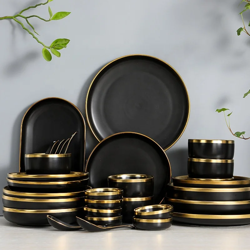 Hot Sale Porcelain Dinnerware and Serveware 16 Piece Set Golden Edge Dishes & Plates Dinner Set