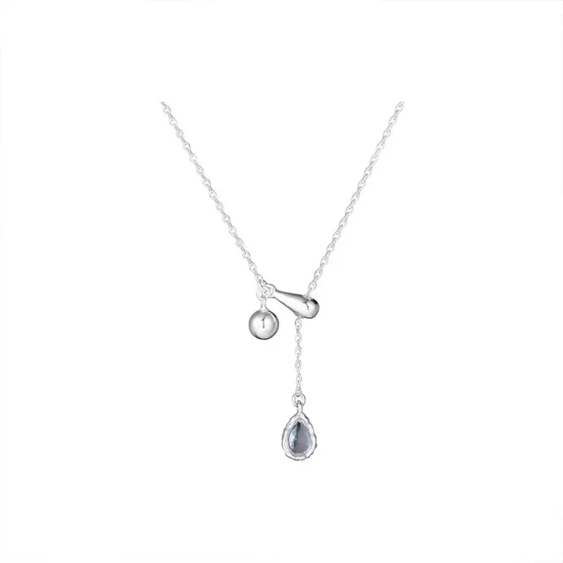 Sterling Silver 925 Premium Blue Teardrop Designs Pull Out Round Beads Niche Collarbone Necklace for Women