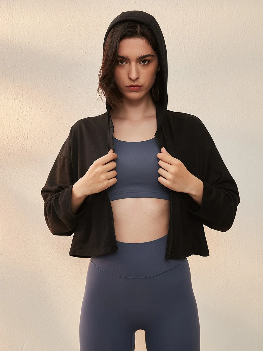 High elastic quick dry sports jacket loose thin yoga top fitness clothing hooded jacket sun protection women