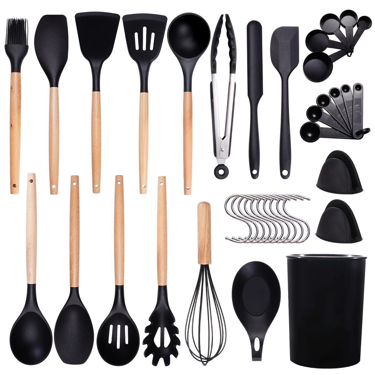 38 Pcs Wholesale Kitchen Accessories Cooking Tools Kitchenware Wooden Handle Non-Stick Silicone Kitchen Utensil Set