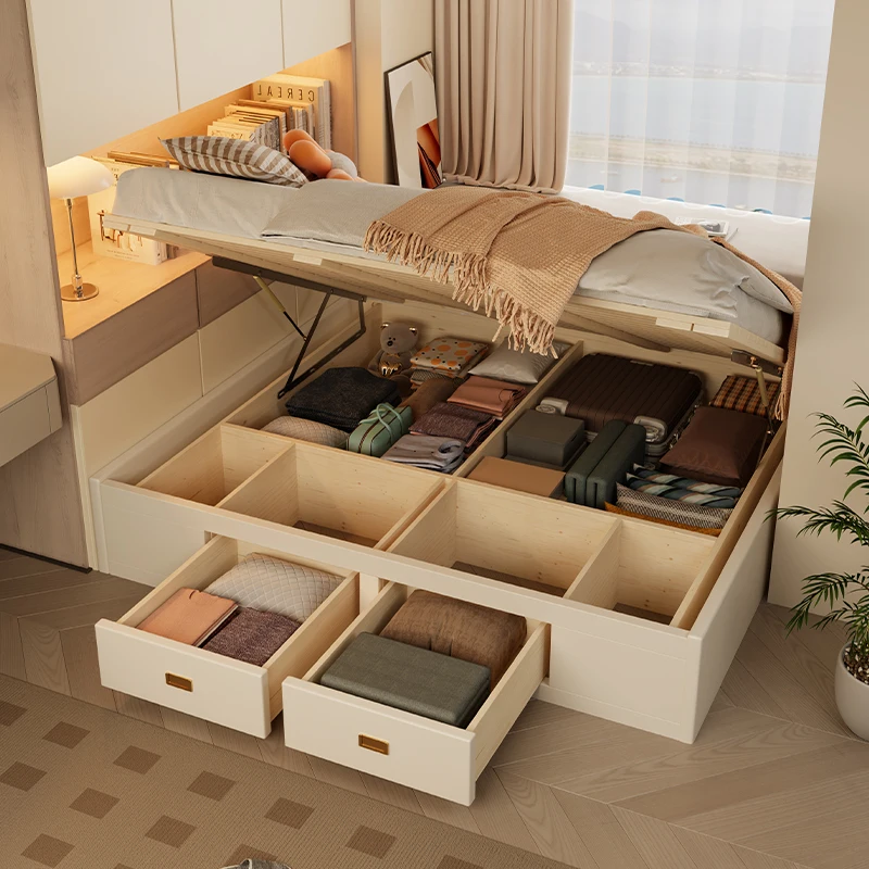 Luxury bedroom set furniture modern queen king size wooden beds multifunction white soft leather bed with storage