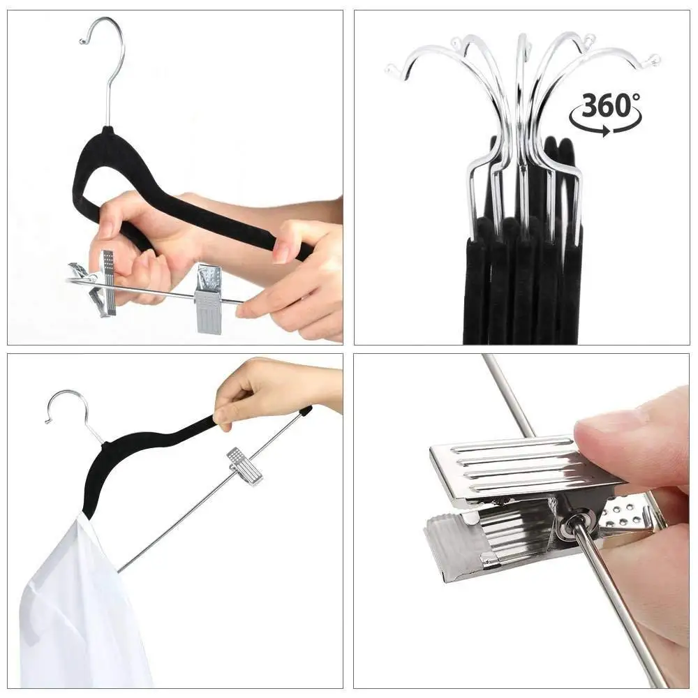 Wholesale Custom Silvery Hook 16.7inch Non Slip Black Grey Velvet Coat Hangers With Adjustable Metal Clips for pants clothes