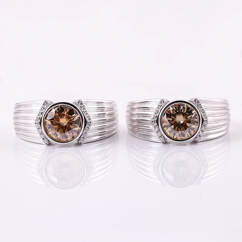 Champagne VVS1 Lab Grown Moissanite Diamond White Gold Man Ring 9mm 3ct Bezel Setting 14K White Gold Plated Silver 925