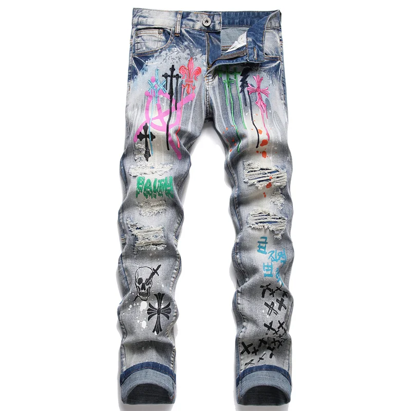 AIPA New Men Hip Hop Printed Slim Straight Jeans Man Streetwear Casual Cotton Jogger Denim Trousers