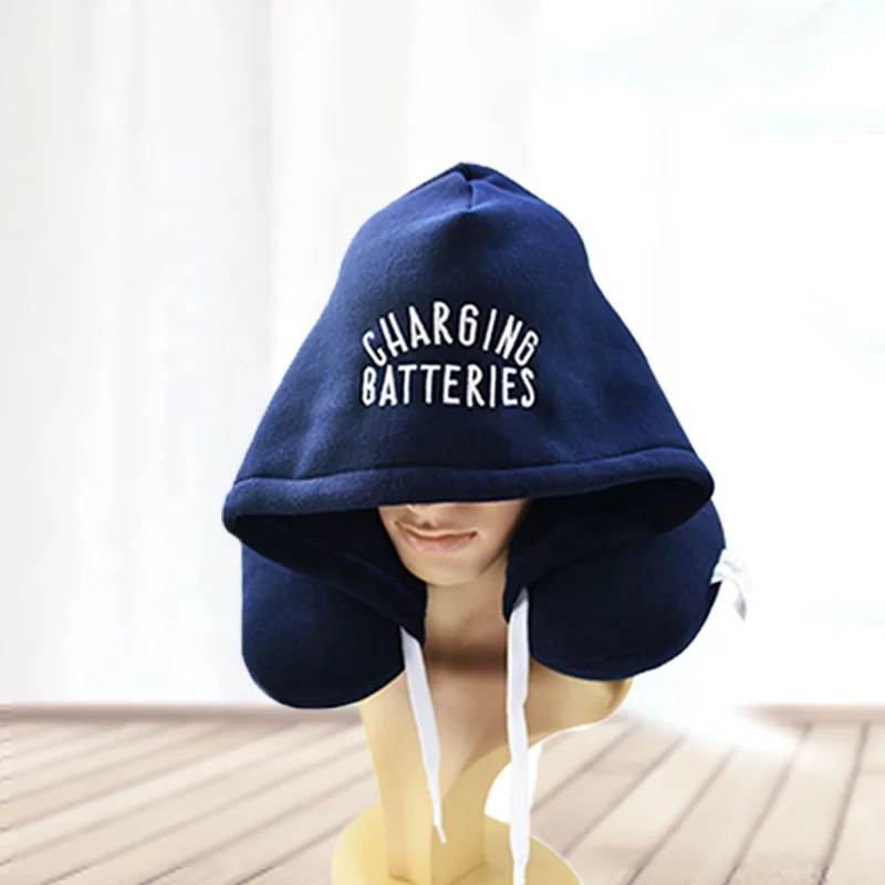 Word embroidery Custom Soft Hoodie Neck Travel Pillow U Shape Airplane Neck Support Cushion with Hoodie