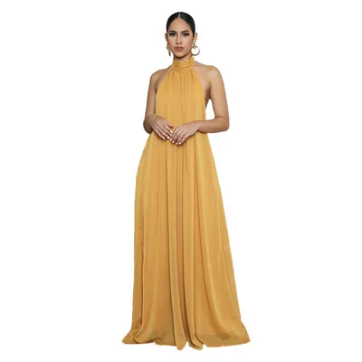 Elegant Holiday Chiffon Jumpsuits Halter Sleeveless High Waist Women Wide Leg Playsuit Open Back Pleated Rompers Cami Jumpsuit