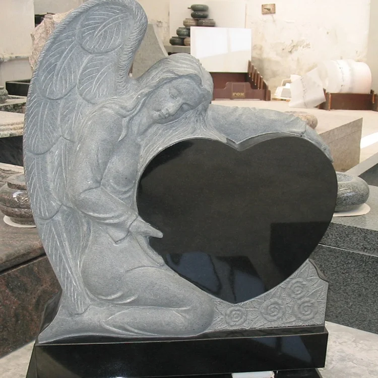 manufacturers direct selling Hand carved black Holding heart weeping angel granite tombstone
