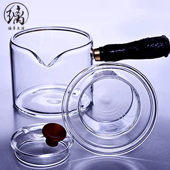 simple travel glass tea set with tea cups elegant teapot Wood side glass teapot