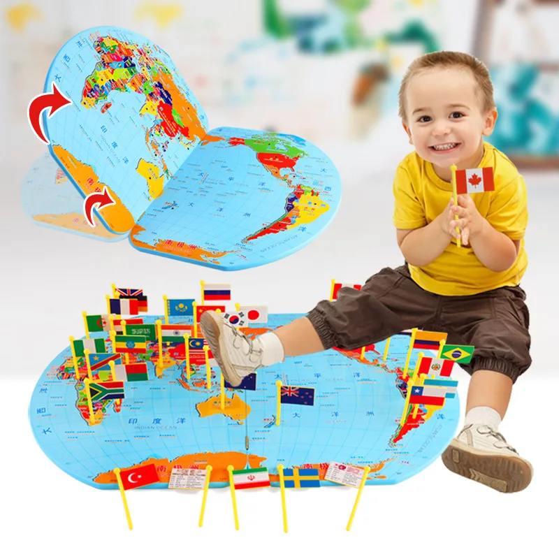 Baby Geographical Knowledge with National Flag Cognitive Toys Wooden 3D World Map Flag Toy