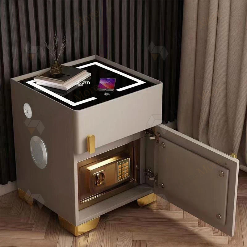 Luxury Mini Gun Safe Lockers Smart Bedside Table Wireless Charger LED Nightstand Gun Safe Box Fingerprint