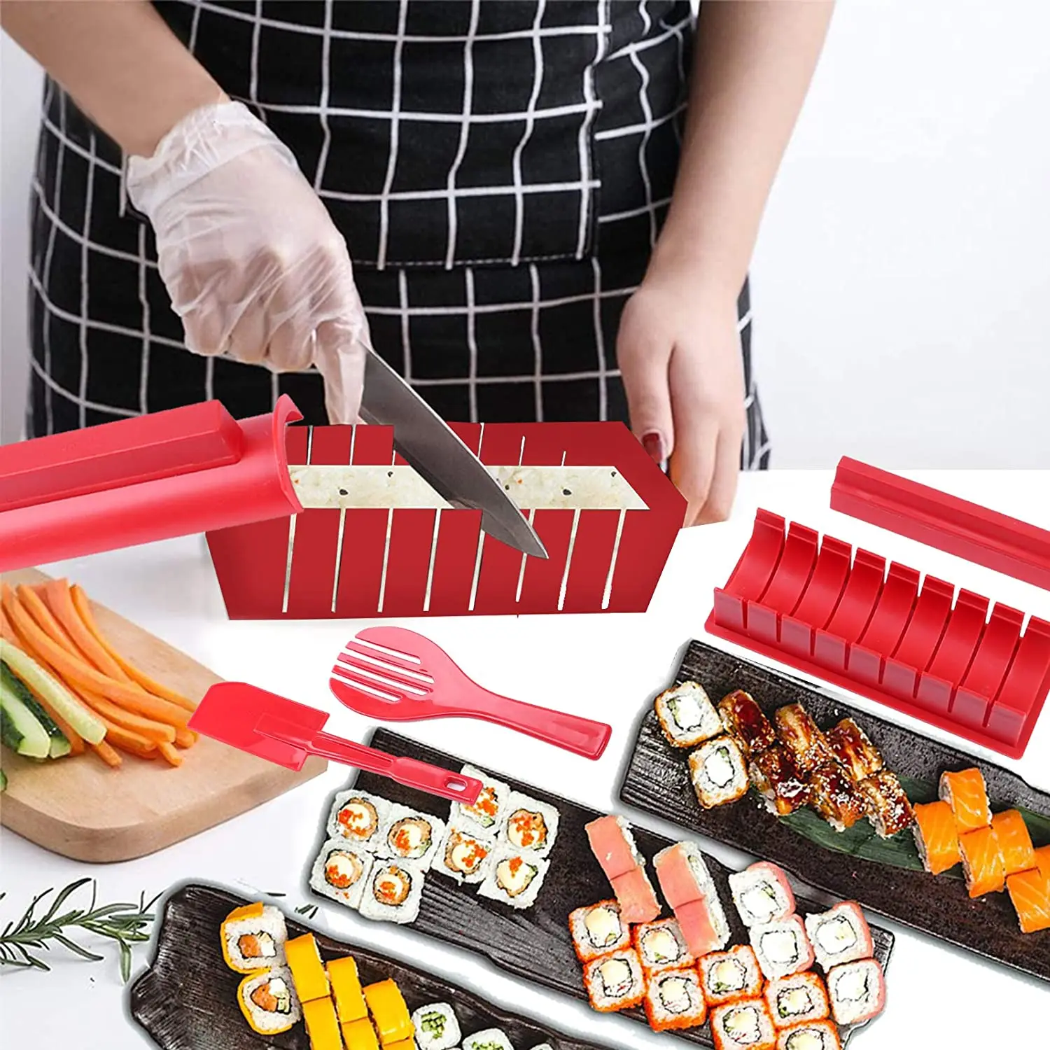 Red DIY Plastic Sushi Maker Homemade Sushi Maker Machine Durable Non Toxic Food Grade Japanese Style