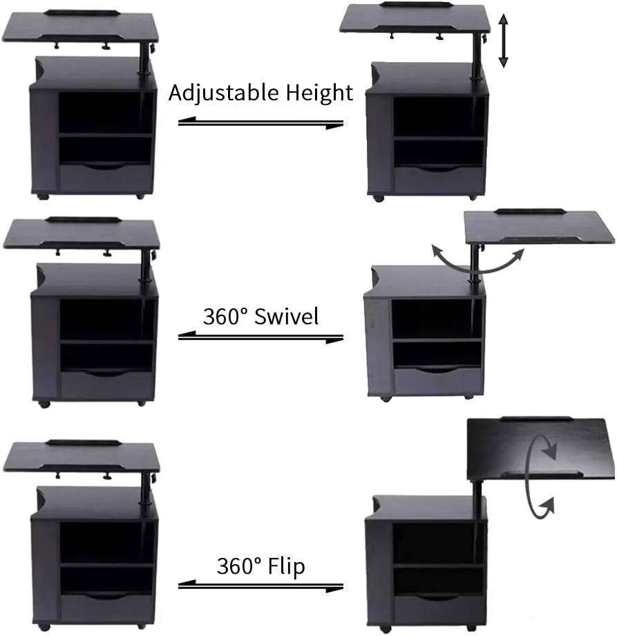 Multi-Functional Wooden Bedside Table Height Adjustable & 360 Rotation Table top Rolling Laptop Desk Computer Table