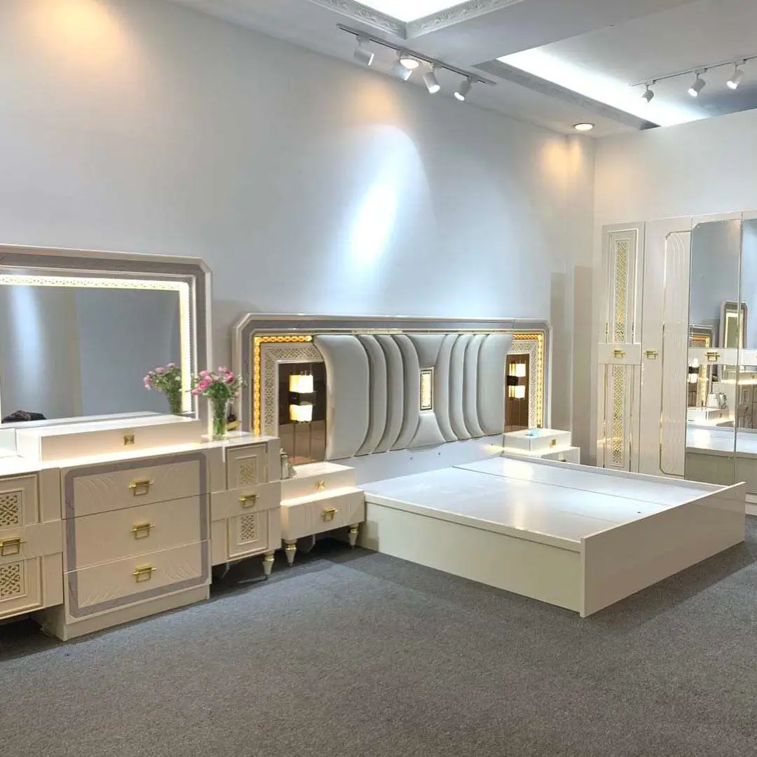 New Modern Luxury King Size Bed MDF Lighted Headboard Suite 6 Door Wardrobe Full Set Wooden Bedroom Furniture