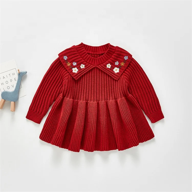 Wholesale Girl 100% Cotton Knitted Long Sleeve Baby Girl Dress Beautiful Solid Color Embroidery Flower Princess Dress OEM ODM