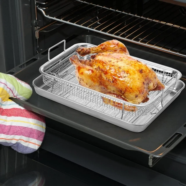 Air Fryer Basket for Oven, Stainless Steel Grill Basket with Handles, Non-stick Mesh Crisper Tray Basket Set