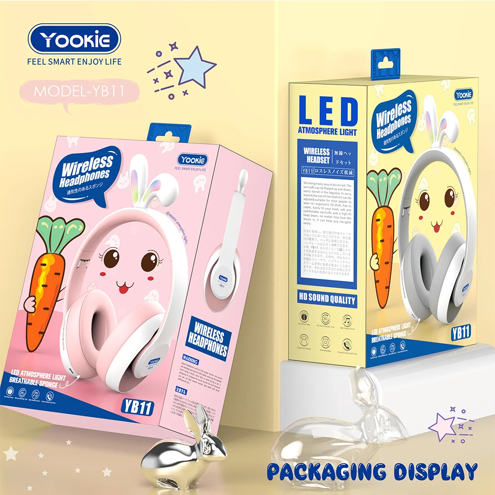 YB11 Led Colour Changing Kids Headset Macaron Over Head Children Headphone Rabbit Ear Shaped Bt Wireless Headphone