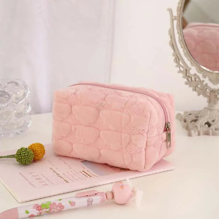 2024 Cute Plush Quilted Terry Cloth Puffy Fuzzy Toiletry Makeup Cosmetic Storage Bag Color Travel Pencil Pouch Coin Purse Case