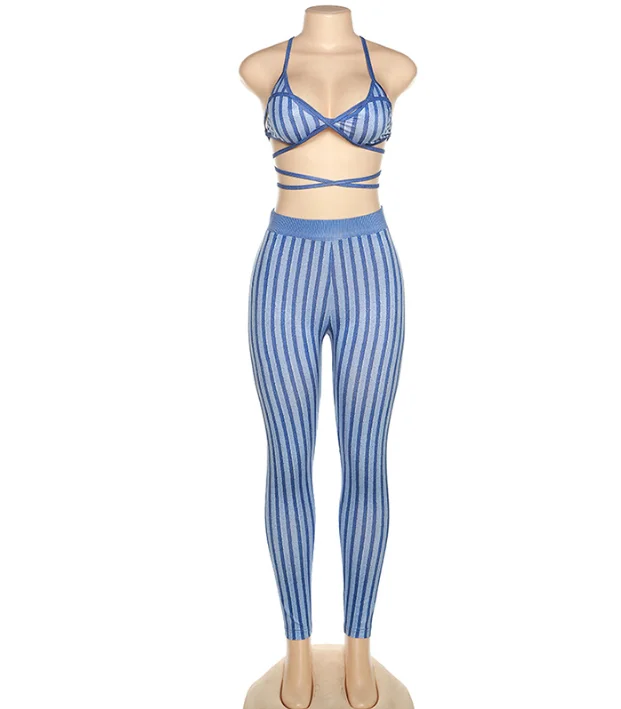 Casual women suits street wear 2022 summer fashion bandage crop bra top with tight stretch striped legging pants 2 Piece set