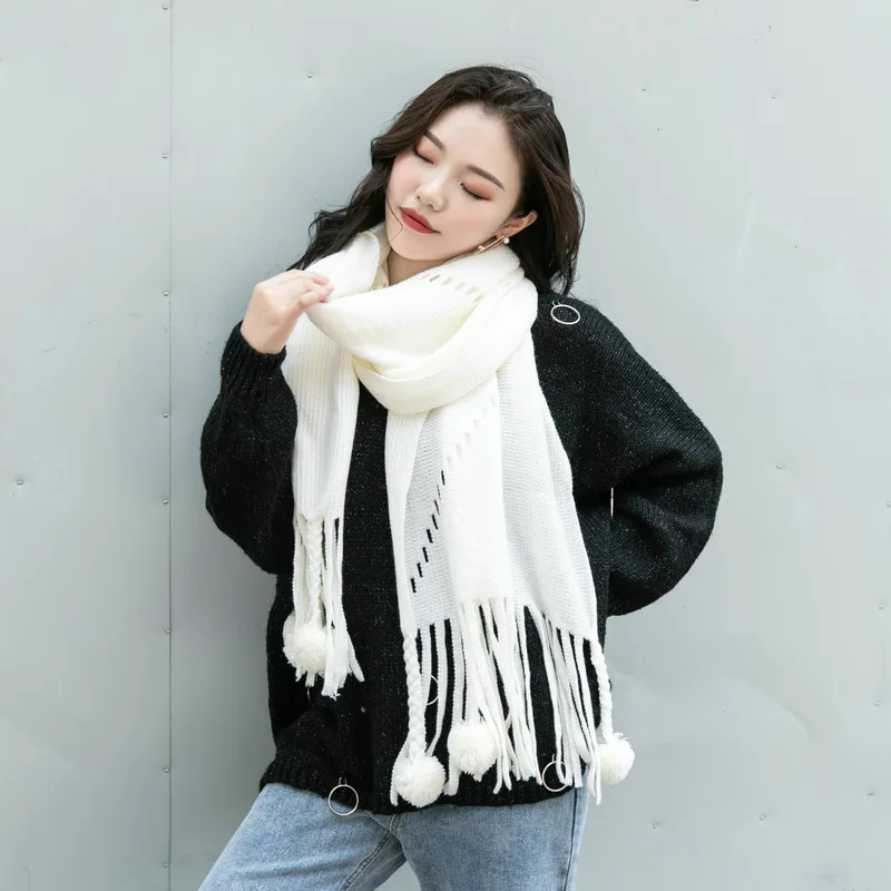 2021 New Style knitted Winter Pure Color Cashmere Pompom Tassel Acrylic shawl blanket Women Warm Scarf