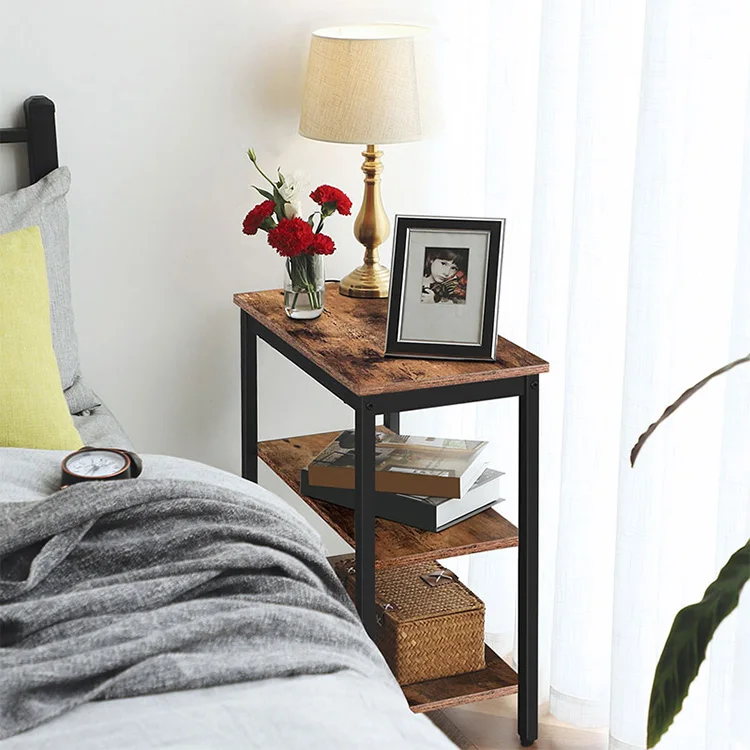 HOOBRO Rustic Narrow Side End Table, 3 Tier Simple Slim Lamp Accent Table with Storage Shelf for Small Spaces for Living Room