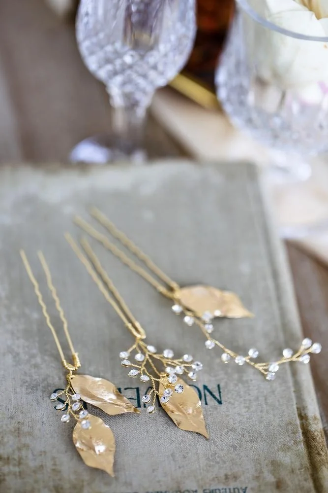 
Newest vintage gold plating brass leaves rhinestone fancy bridal hair pins wedding 