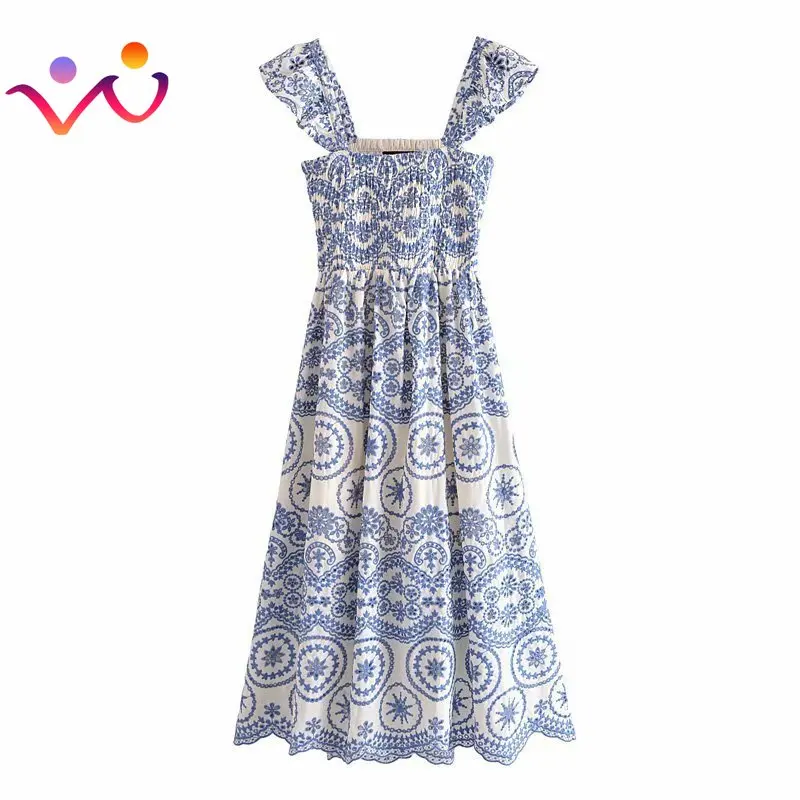Summer Fashion Cutwork Embroidery Smocked Midi Dress Boho Vintage Backless Hollow Ruffled Straps Women Dresses