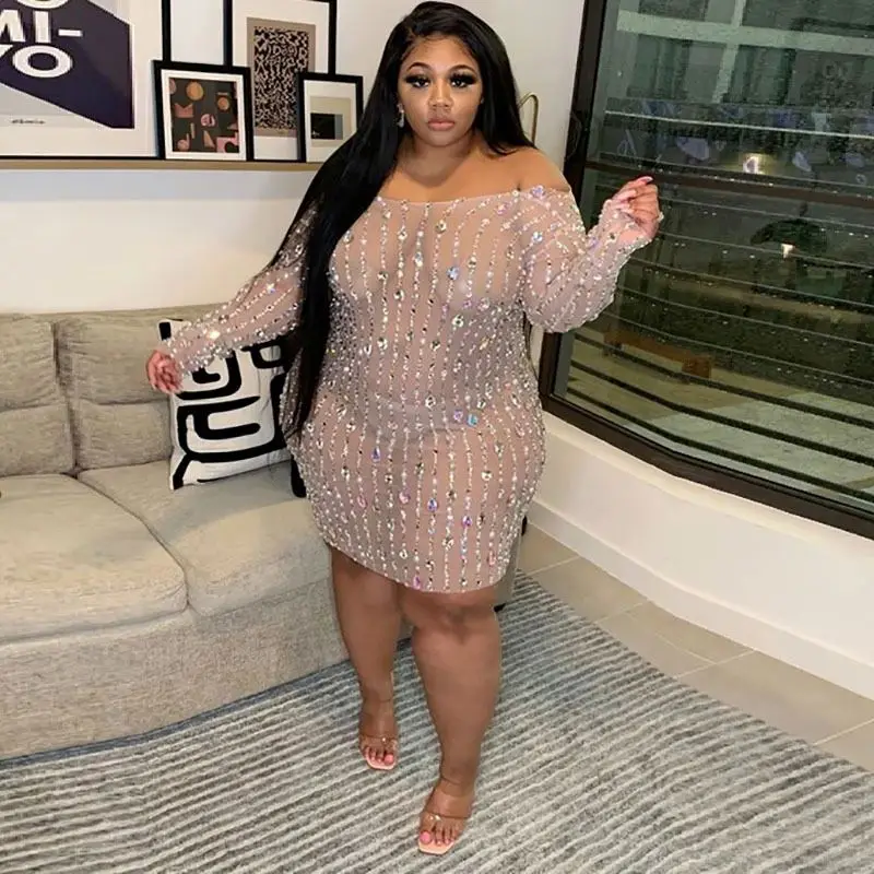 D12334 2021 Autumn mesh hot drilling elegant casual bodycon  see-through night club plus size dresses for women clothing