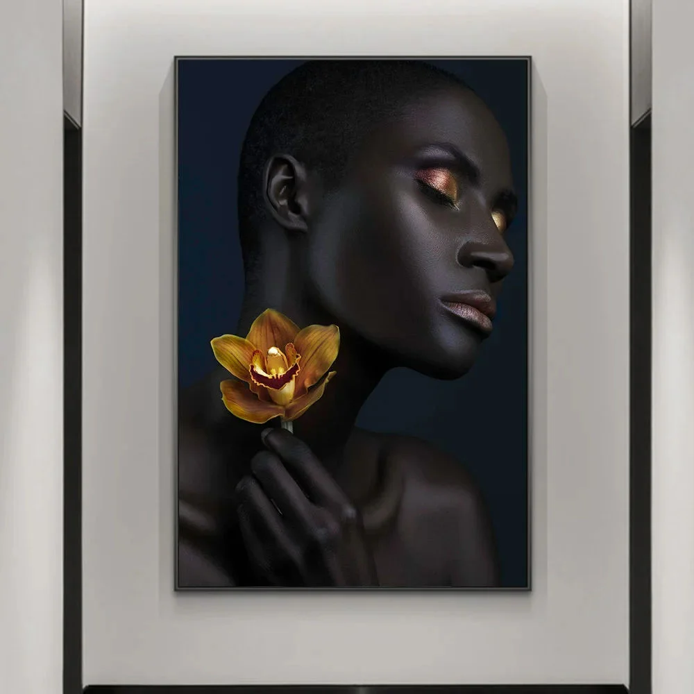 Home Decor HD Print African Black Woman Golden Flower fashions Posters Pictures Mural Painting for wall decor art