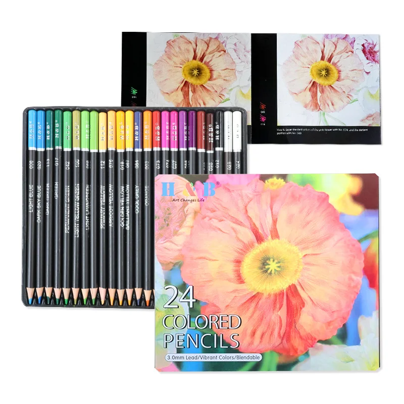 Factory Supply 24 Premier Quality Children Wooden Oil Color Pencil Set With Metal Box Packaging