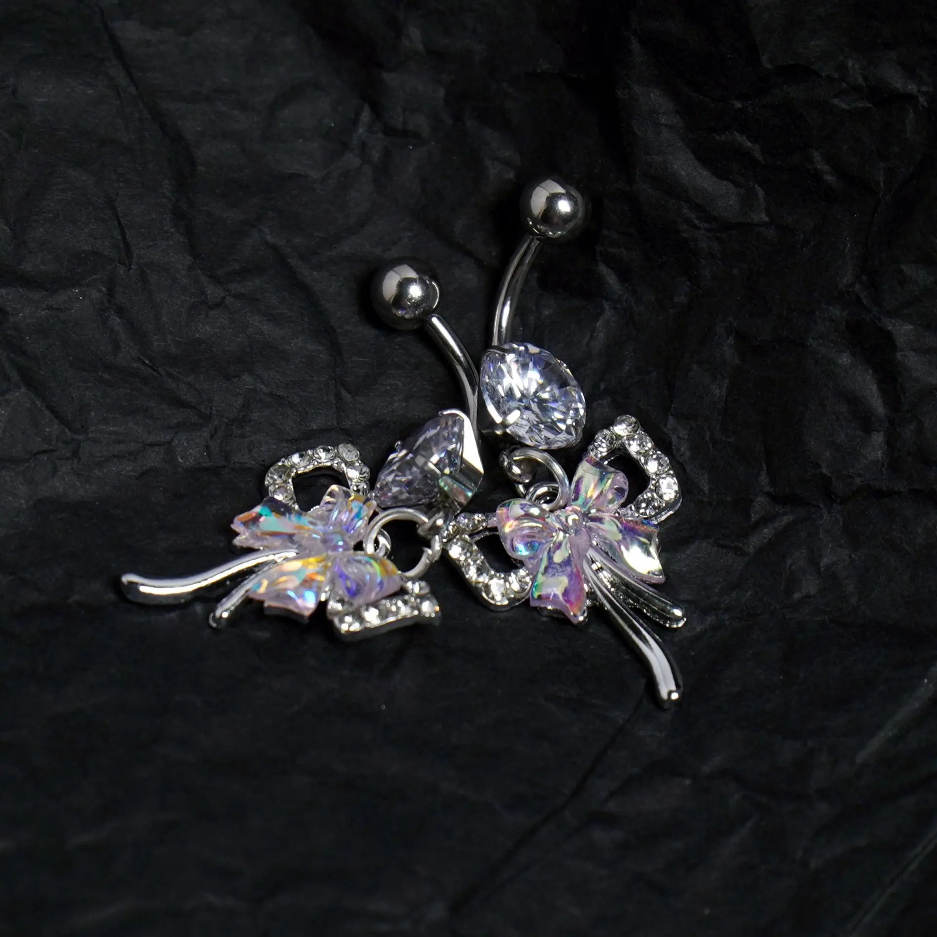 YICAI Sweet Bow Tie Navel Piercing Stainless Steel Silver Color AB Zircon Bow Dangle Belly Piercing For Women