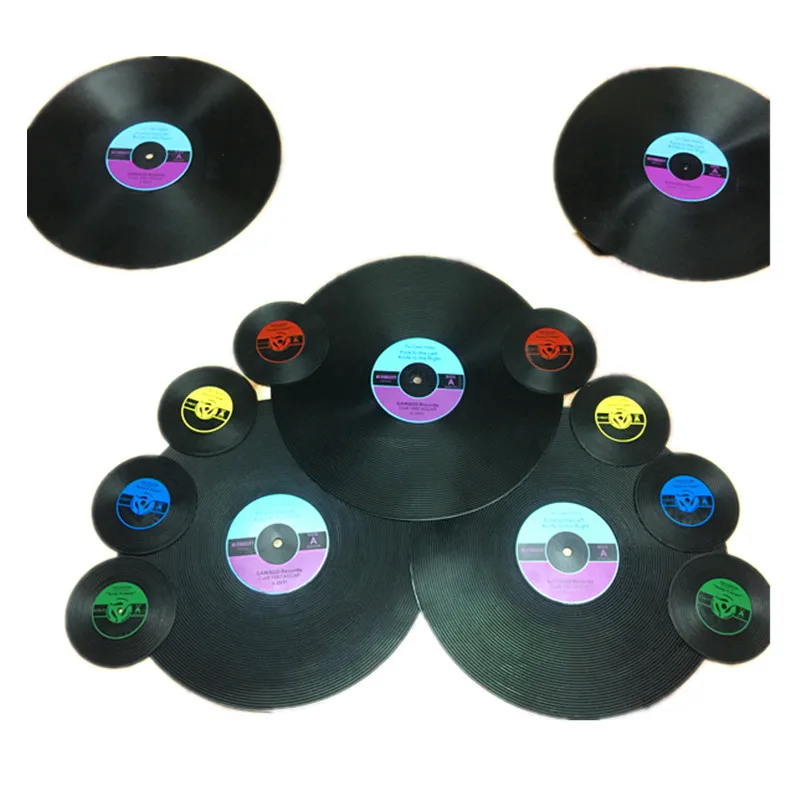 6-Piece set of vintage PVC coasters for beverage protection desktop silicone slip ring vinyl recording color round disc Coasters