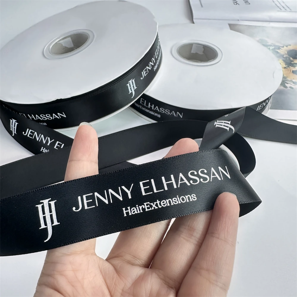 MOQ 1 Roll Luxury Custom Print Satin Ribbon for Gift Wrapping Brand Logo Black Polyester Satin Ribbon for Packaging Clothing Box