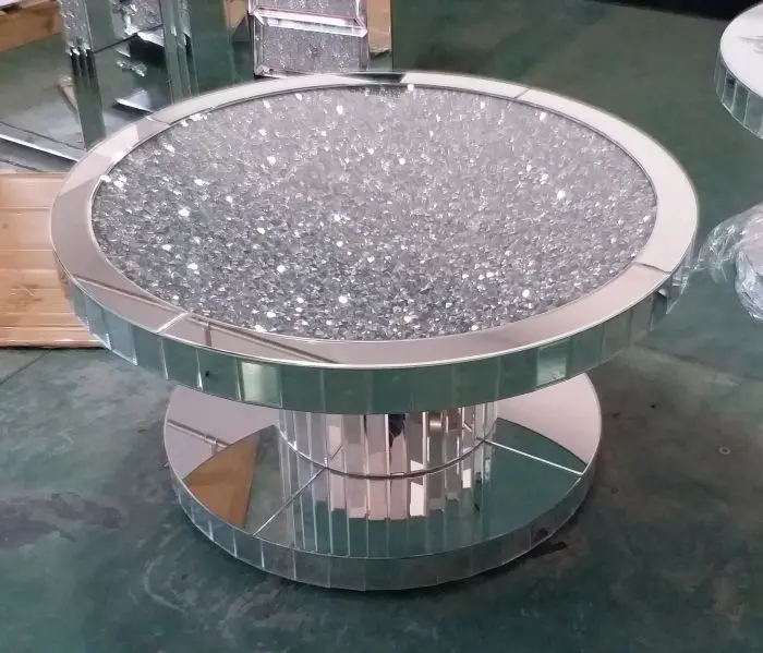 glass material fashion design round circle brown color crushed diamond mirrored console
