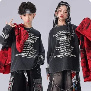 Customizable Hip-Hop Street Dance Outfit Trendy Performance Set with Hoodie, Denim Jeans, and Red Hooded Denim Vest for Kids