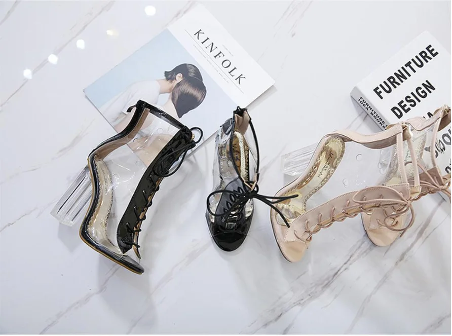 Factory supplier cheap women round toe PVC clear chunky heel lace up ankle boots high Heel Sexy Short Booties winter shoes