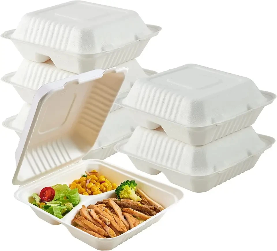 Sugarcane Bagasse 2 Compartments Fast Food Packaging Container with Lid 100% Biodegradable Disposable tableware supplies