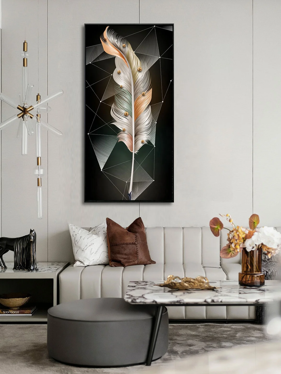 Factory Sale Nordic Feather Golden Painting Aisle wall decor modern art Crystal Porcelain Painting For Living room