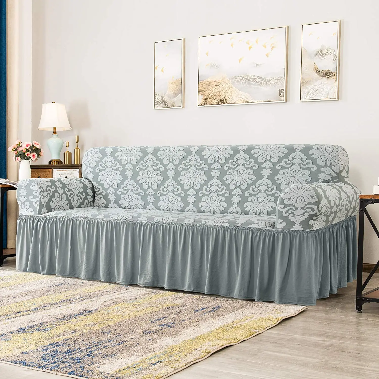 Stretch Sofa Slipcover with Ruffle Skirt,1 Piece Couch Jacquard Damask Universal Covers for 3 Seat Armchair in Living Room
