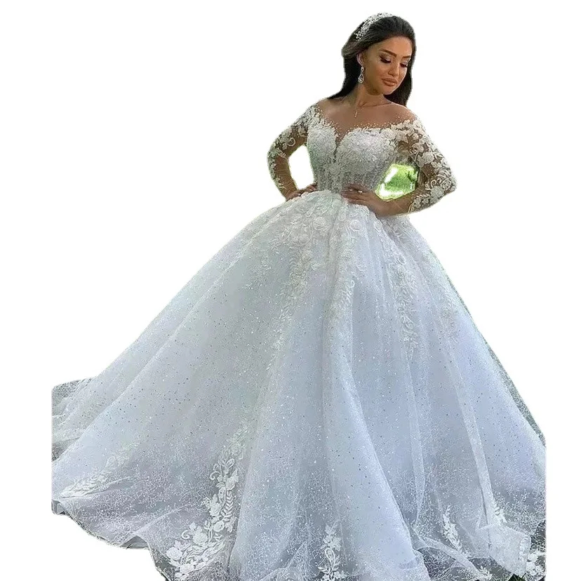 2023 Full Sleeves Beaded Puffy 3d Flower Lace Wedding Gowns Bridal Gown New Arabic Dubai Crystal Wedding Dress
