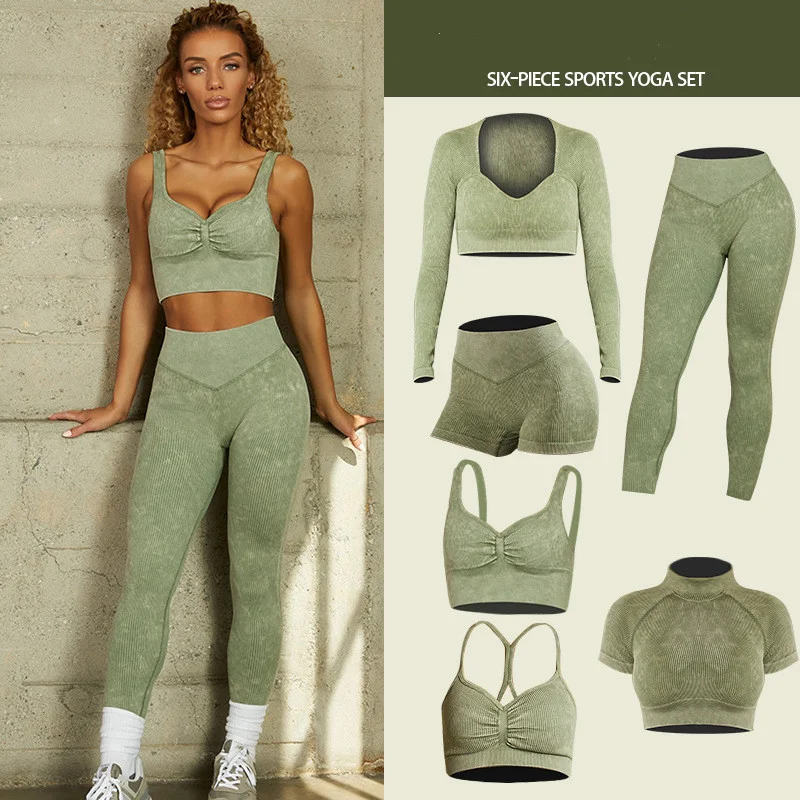 wholesale Custom Sand Washed 6pcs Seamless Yoga Set Workout Clothing Anti-wrinkle Hip Lift Gym Ribbed Yoga Suit Active Wear Set